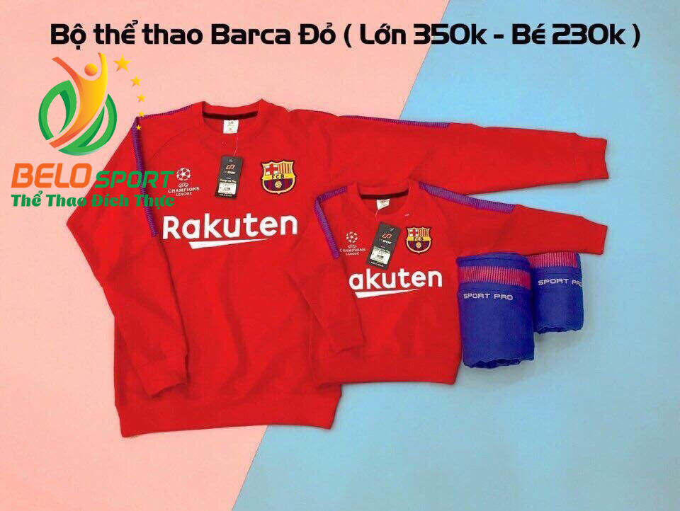 Bộ nỉ thể thao Barca mùa đông màu đỏ 2018